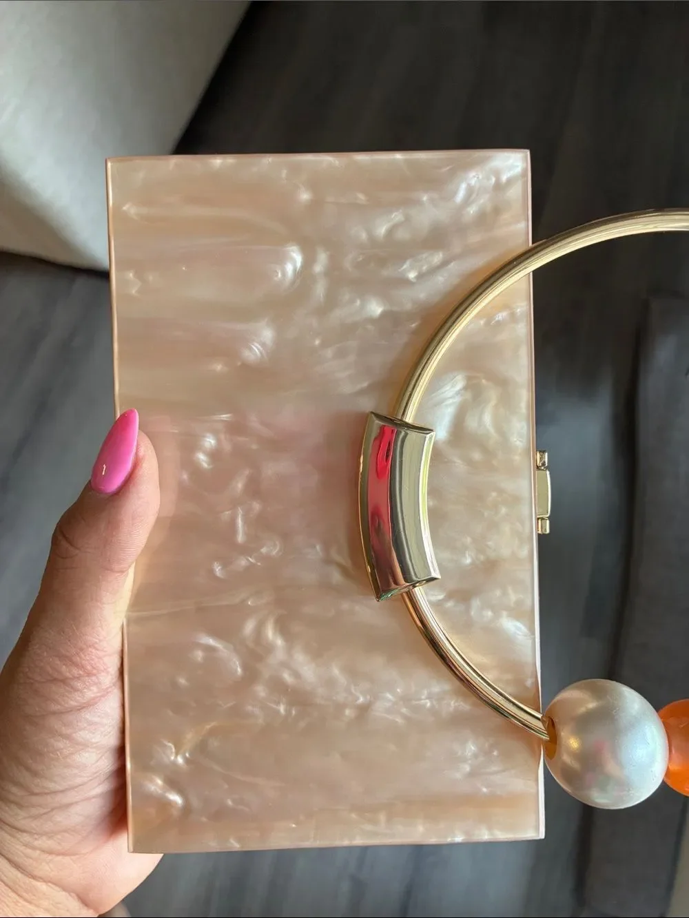 Lulu's Pearlescent Pink Acrylic Box Clutch with Gold Ring Handle